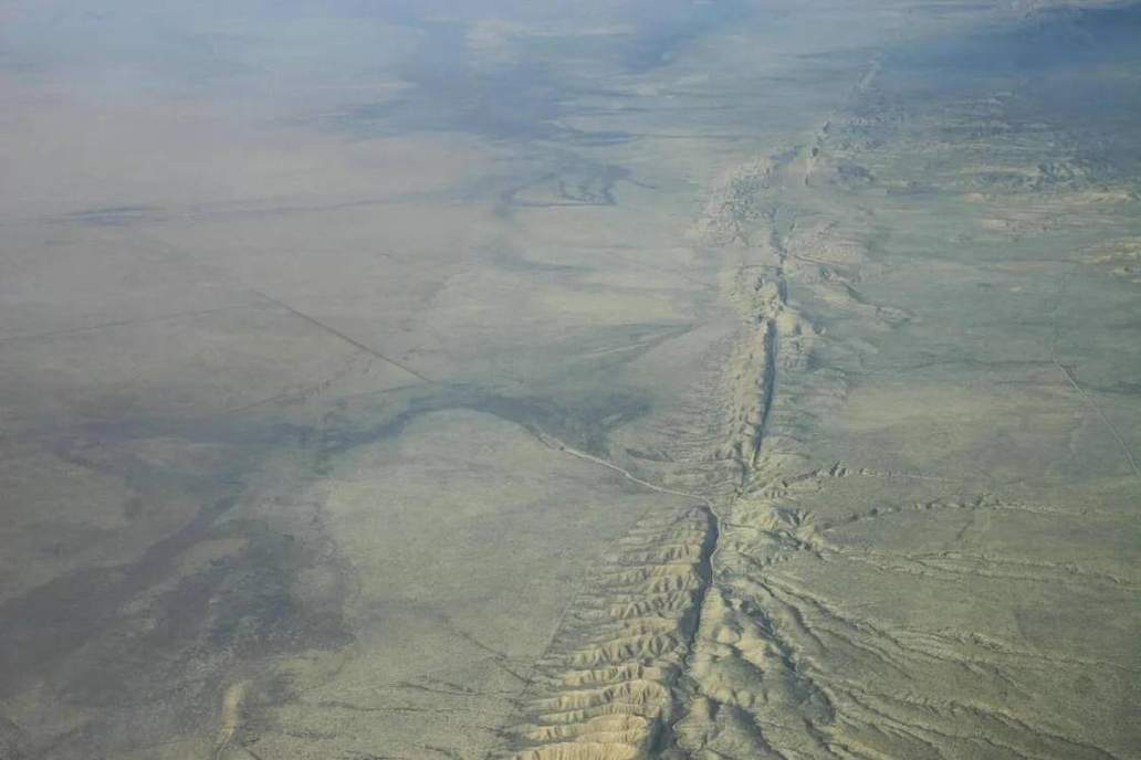The San Andreas Fault cutting arid hills in California.