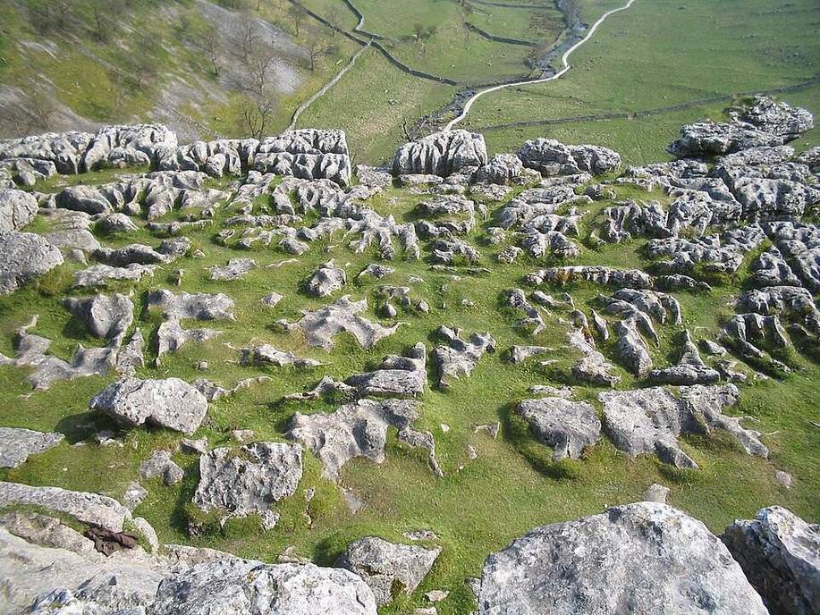 A limestone pavement of clints split by grykes.