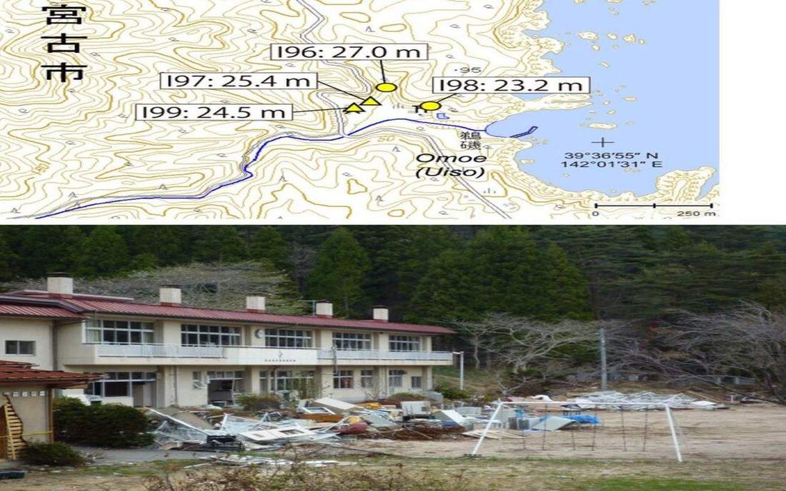 A tsunami’s run-up on a coast.